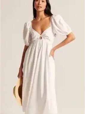 Abercrombie & Fitch White Puff-Sleeve Midi Dress with Ring Detail
